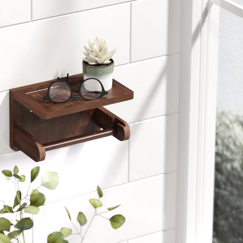 Vertorgan Toilet Paper Holder With Phone Shelf Bamboo Wall Mounted Tissue Roll Holder For Bathroom (Brown) - Image 2