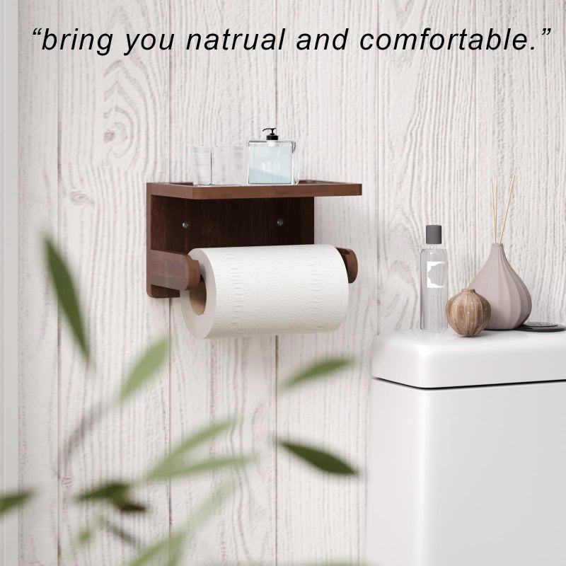 Vertorgan Toilet Paper Holder With Phone Shelf Bamboo Wall Mounted Tissue Roll Holder For Bathroom (Brown) - Image 3