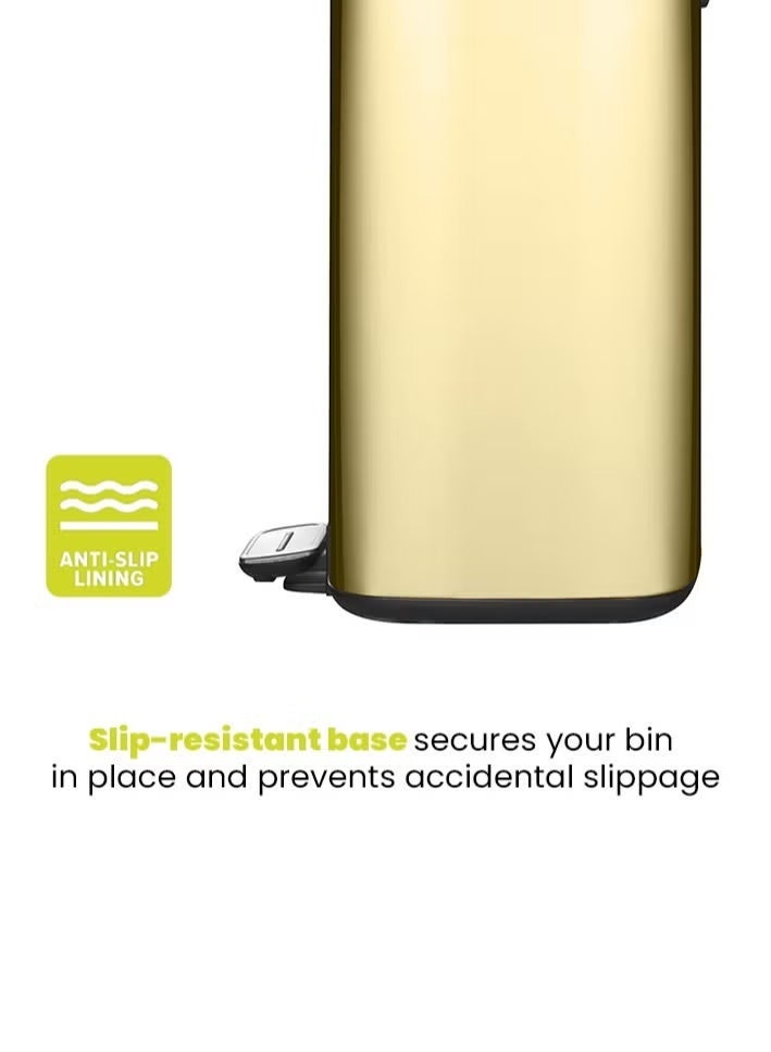 EKO Stainless Steel Square Step Trash Bin | Soft Close Lid | Fingerprint Resistant | Stay Open Pedal Bin | Bathroom Kitchen Office Waste Bin | 9L | Gold - Image 3