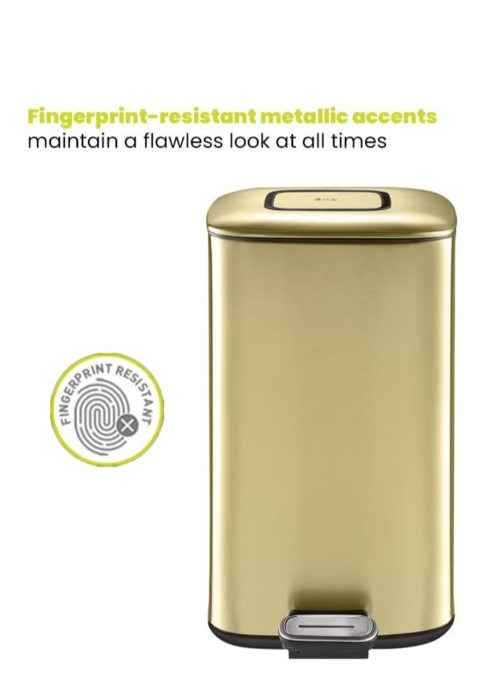 EKO Stainless Steel Square Step Trash Bin | Soft Close Lid | Fingerprint Resistant | Stay Open Pedal Bin | Bathroom Kitchen Office Waste Bin | 9L | Gold - Image 4