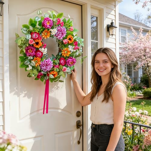 Soomeir Spring Summer Wreaths for Front Door 24 Inch with Dahlia, Peony & Daisy Spring Wreaths for Front Door Outside Summer Door Wreath for Entryway, Porch & Home Décor Outdoor Summer Wreath - Image 2