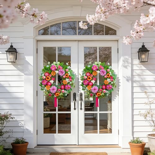 Soomeir Spring Summer Wreaths for Front Door 24 Inch with Dahlia, Peony & Daisy Spring Wreaths for Front Door Outside Summer Door Wreath for Entryway, Porch & Home Décor Outdoor Summer Wreath - Image 5