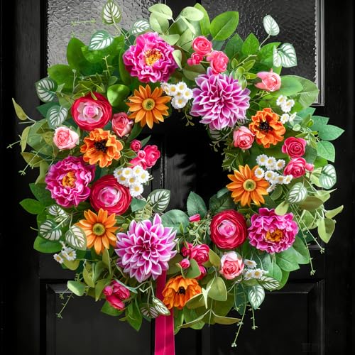Soomeir Spring Summer Wreaths for Front Door 24 Inch with Dahlia, Peony & Daisy Spring Wreaths for Front Door Outside Summer Door Wreath for Entryway, Porch & Home Décor Outdoor Summer Wreath - Image 1
