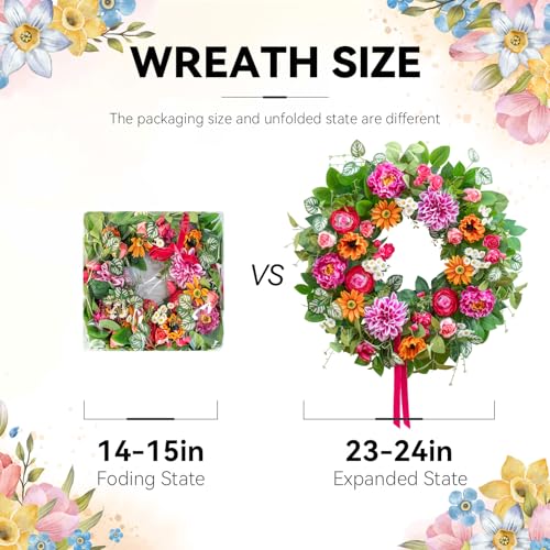 Soomeir Spring Summer Wreaths for Front Door 24 Inch with Dahlia, Peony & Daisy Spring Wreaths for Front Door Outside Summer Door Wreath for Entryway, Porch & Home Décor Outdoor Summer Wreath - Image 4
