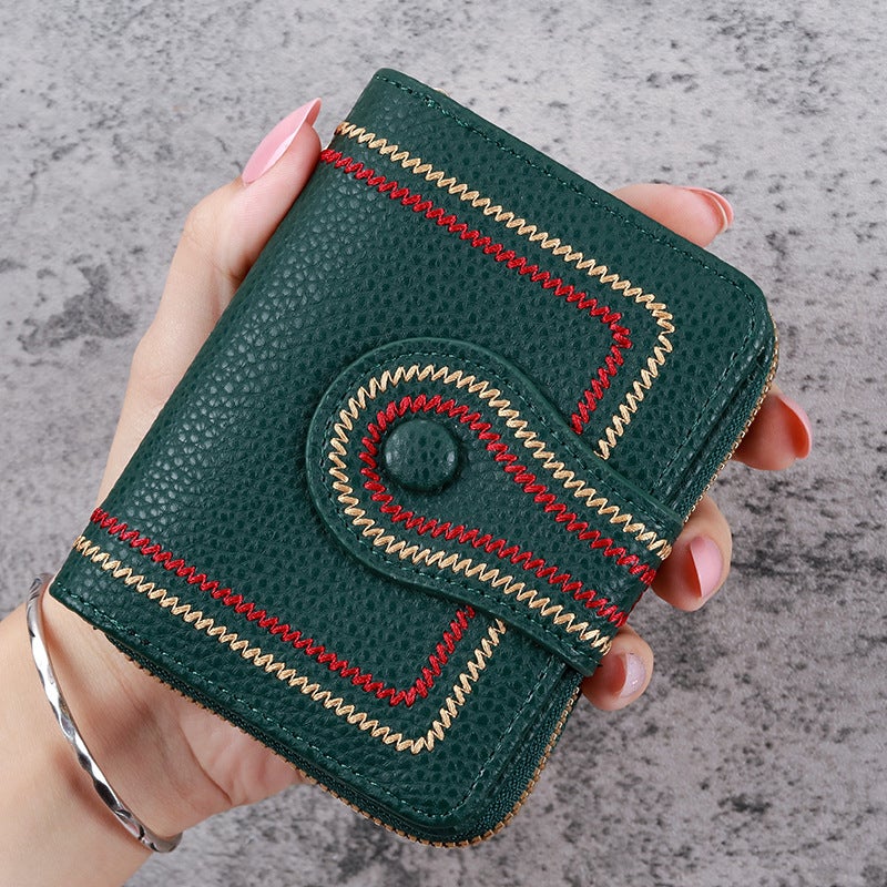 New Korean Style Women's Short Wallet with Zipper and Buckle, Litchi Pattern Embroidery, Solid Color Coin Purse & ID Card  Holder - Image 2