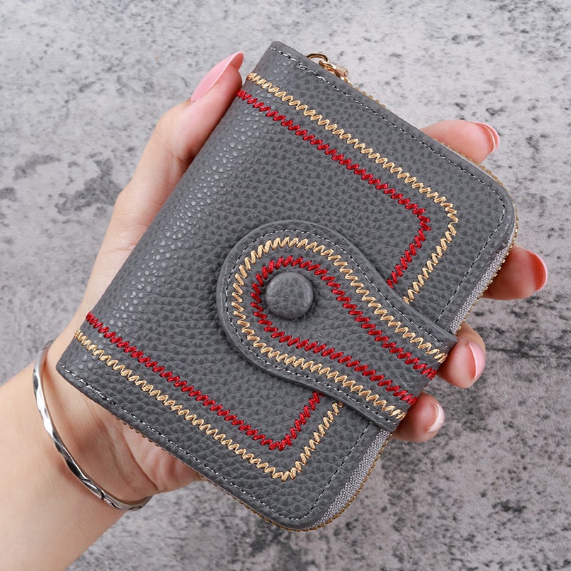 New Korean Style Women's Short Wallet with Zipper and Buckle, Litchi Pattern Embroidery, Solid Color Coin Purse & ID Card  Holder - Image 1