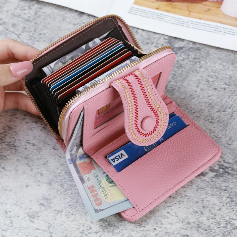 New Korean Style Women's Short Wallet with Zipper and Buckle, Litchi Pattern Embroidery, Solid Color Coin Purse & ID Card  Holder - Image 3