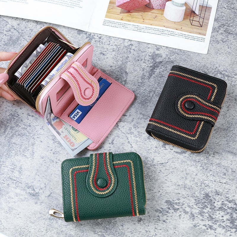 New Korean Style Women's Short Wallet with Zipper and Buckle, Litchi Pattern Embroidery, Solid Color Coin Purse & ID Card  Holder - Image 4