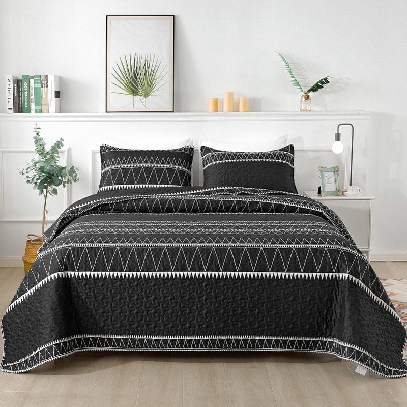 Andency Black Quilt Set Queen 90x96 Inch 3 Pieces1 Striped Triangle Printed Quilt and 2 Pillowcases Bohemian Summer Lightweight Reversible Microfiber Bedspread Coverlet Sets