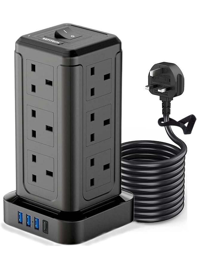 promass 20W PD USB-C 16-in-1 Extension Cord Tower Outlets, 12 Protected UK-KSA Power Sockets & 4 USB Charging Ports, Ultimate Space-Saving for Multi Big Plugs, Elegant Design for Office & Home (15) - Image 1