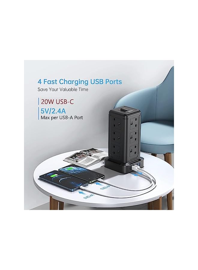 promass 20W PD USB-C 16-in-1 Extension Cord Tower Outlets, 12 Protected UK-KSA Power Sockets & 4 USB Charging Ports, Ultimate Space-Saving for Multi Big Plugs, Elegant Design for Office & Home (15) - Image 2