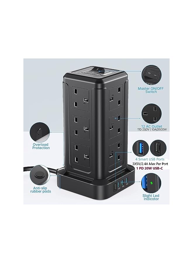 promass 20W PD USB-C 16-in-1 Extension Cord Tower Outlets, 12 Protected UK-KSA Power Sockets & 4 USB Charging Ports, Ultimate Space-Saving for Multi Big Plugs, Elegant Design for Office & Home (15) - Image 3