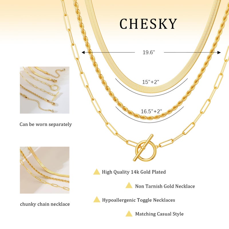 CHESKY 14K Gold Plated Layered Herringbone Necklaces for Women, Trendy Chain Necklace Snake Rope Link Chains Simple Chunky Toggle Clasp Necklace Set Fashion Jewelry - Image 4