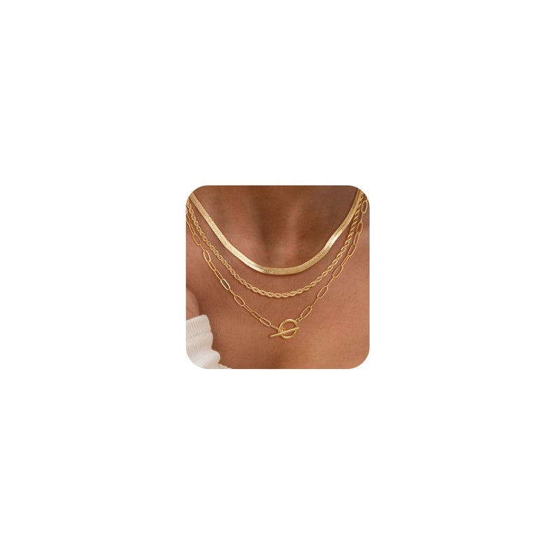 CHESKY 14K Gold Plated Layered Herringbone Necklaces for Women, Trendy Chain Necklace Snake Rope Link Chains Simple Chunky Toggle Clasp Necklace Set Fashion Jewelry - Image 1