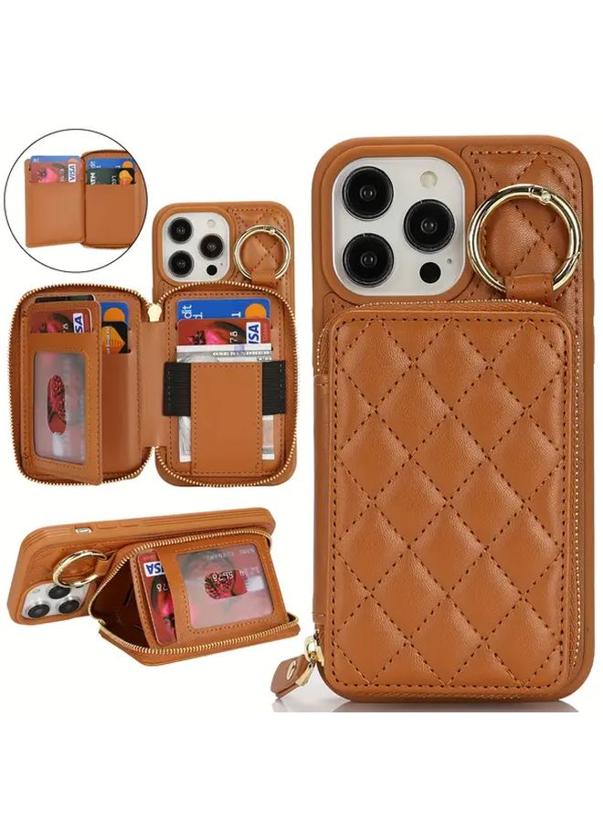 هاتف آيفون 15 برو ماكس بلون البني الفاتح مع محفظة تحتوي على فتحة للبطاقات وحجرة سحاب وحلقة حامل - Image 1