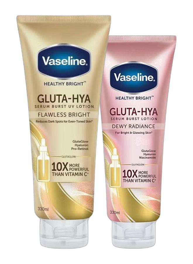 Vaseline Premium Body Lotion Bundle Set – Gluta-Hya UV Lotion SPF Moisturizer 330ml + Healthy Bright Gluta-Hya Dewy Radiance Serum-in-Lotion 330ml | Brightening, Deep Hydration & Daily UV Care (Pack of 2) - Image 1