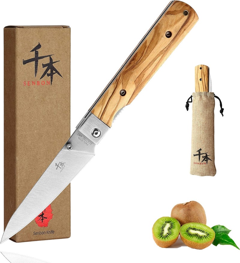 SENBON 440A stainless steel Ultra sharp pocket folding Japanese peeling utility knife Natural Olive Handle Camping trip Outdoor Portable knife - Image 1