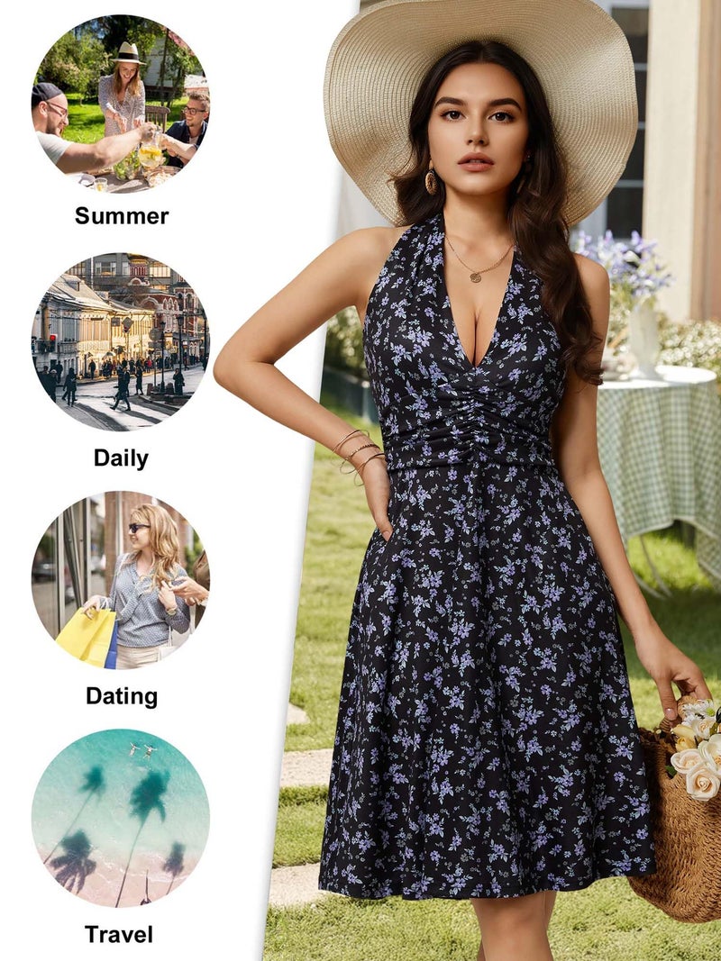 HUHOT Spring Easter Black Sun Dress Midi Summer Dresses Halter Hawaiian Date Outfits Ladies Resort Wear for Women Teens Country Vacation Flowy Church Elegant Plus Size Boho Ruched Beach - Image 4
