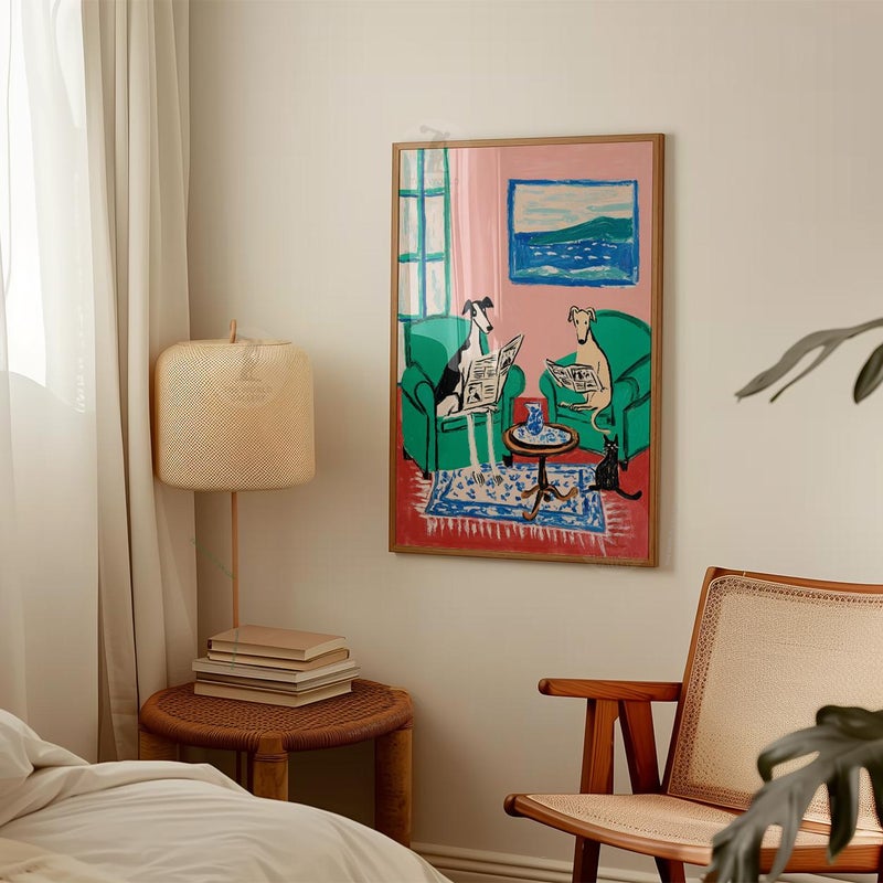 TNESSENTIAL Whippet Greyhound Print | Reading Dogs, Pink Green Living Room Art - Image 3