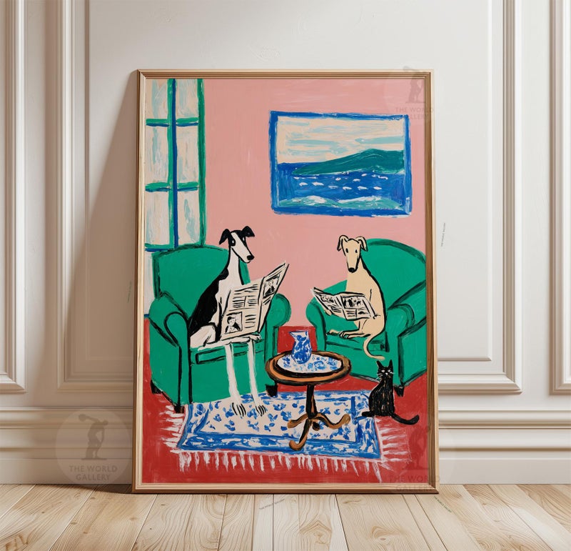 TNESSENTIAL Whippet Greyhound Print | Reading Dogs, Pink Green Living Room Art - Image 1