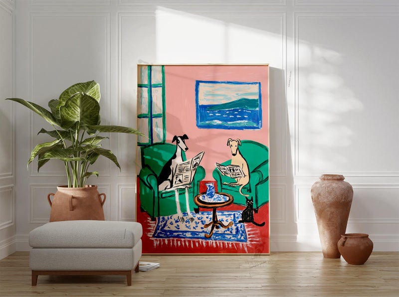 TNESSENTIAL Whippet Greyhound Print | Reading Dogs, Pink Green Living Room Art - Image 4