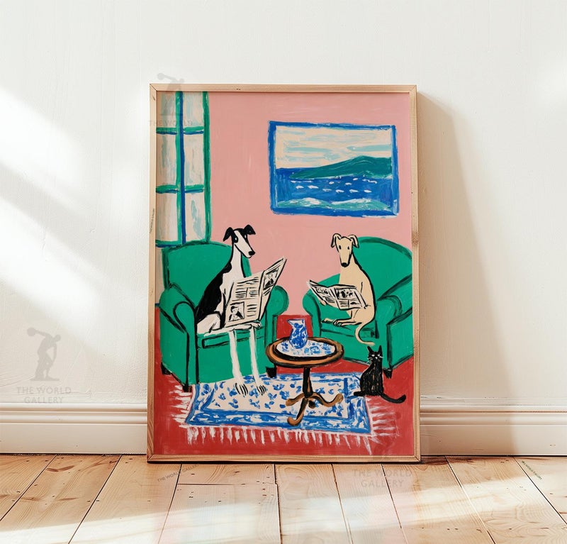 TNESSENTIAL Whippet Greyhound Print | Reading Dogs, Pink Green Living Room Art - Image 5