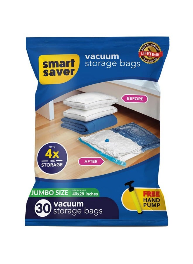 Smart Saver 30 Jumbo Smart Saver Vacuum Bags for Travel, Space Saver Bags Compression Storage Bags for Clothes, Bedding, Pillows, Comforters, Blankets Storage Vacuum Sealer Bags for Clothes Storage, Vaccine Sealed Compression Airtight Reusable Packing Ziplock Bag with Travelling Hand Pump - Size-(70x100cm)  - Image 1