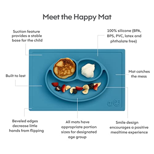 ezpz Happy Mat - 100% Food Grade Silicone Suction Plate with Built-in Placemat for Toddlers Smile Design Plates Promotes Baby Led Weaning - Divided Plate - Microwave & Oven Safe - 24months+ (Blue) - Image 2