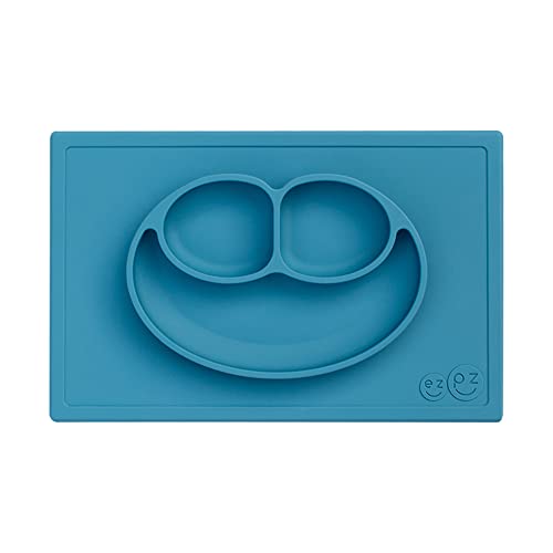 ezpz Happy Mat - 100% Food Grade Silicone Suction Plate with Built-in Placemat for Toddlers Smile Design Plates Promotes Baby Led Weaning - Divided Plate - Microwave & Oven Safe - 24months+ (Blue) - Image 4