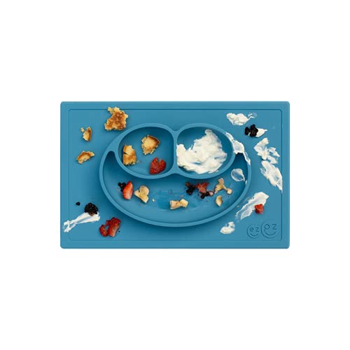 ezpz Happy Mat - 100% Food Grade Silicone Suction Plate with Built-in Placemat for Toddlers Smile Design Plates Promotes Baby Led Weaning - Divided Plate - Microwave & Oven Safe - 24months+ (Blue) - Image 5