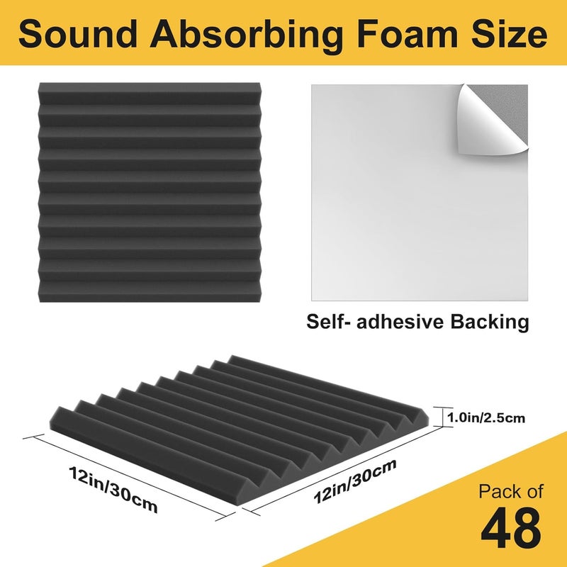 Jber 48 Pack Sound Proof Acoustic Foam Panels, 30×30×2.5 cm Self-Adhesive Acoustic Wall Paddings for Home Office Studios, BLACK - Image 2