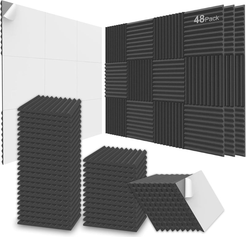 Jber 48 Pack Sound Proof Acoustic Foam Panels, 30×30×2.5 cm Self-Adhesive Acoustic Wall Paddings for Home Office Studios, BLACK - Image 1