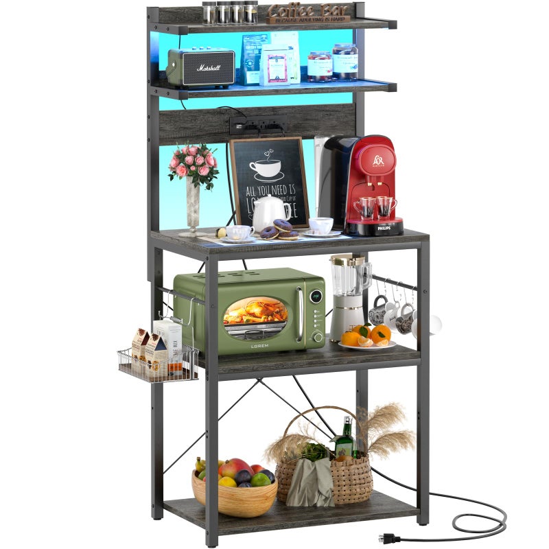 Aheaplus Aheaplus Bakers Rack with Power Outlet Microwave Stand 5 Tiers Coffee Bar Station with Led Lights Kitchen Storage Shelf with 6 SShaped Hooks Kitchen Rack for Spices Pots and Pans Black Oak
