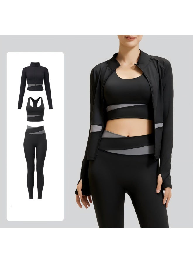 Women's 3-Piece Yoga Workout Set: Full-Zip Stand Collar Sport Jacket with Thumb Holes, Built-in Bra Tops, High-Waist Tummy Control Leggings & Headband Athletic Activewear Suit - Image 1