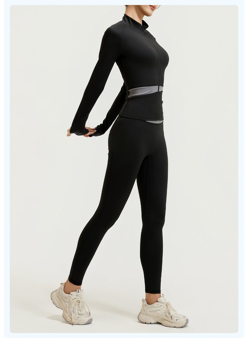 Women's 3-Piece Yoga Workout Set: Full-Zip Stand Collar Sport Jacket with Thumb Holes, Built-in Bra Tops, High-Waist Tummy Control Leggings & Headband Athletic Activewear Suit - Image 2