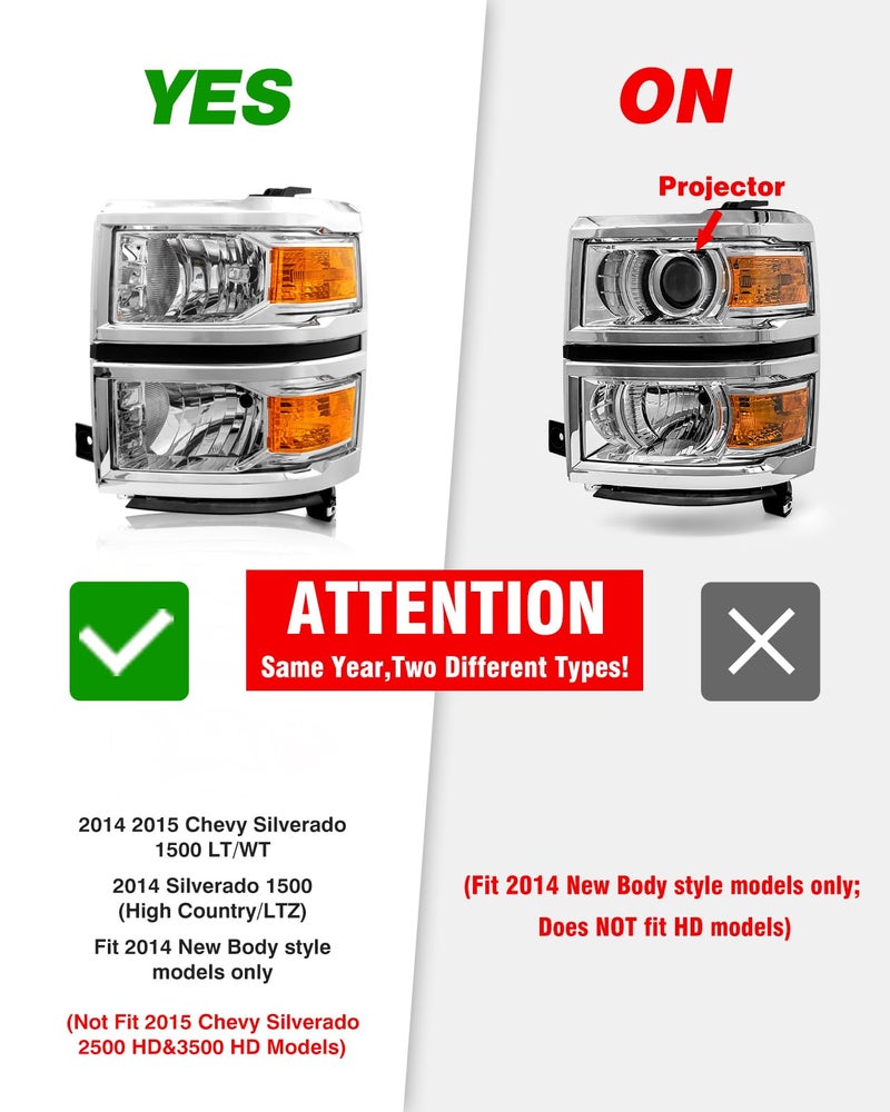 ADCARLIGHTS Headlight Assembly Compatible with Chevy 2014 2015 Silverado 1500 Halogen Factory OE Style Headlamp Amber Chrome Housing with Reflector Driver and Passenger Sides(No bulb included) - Image 2