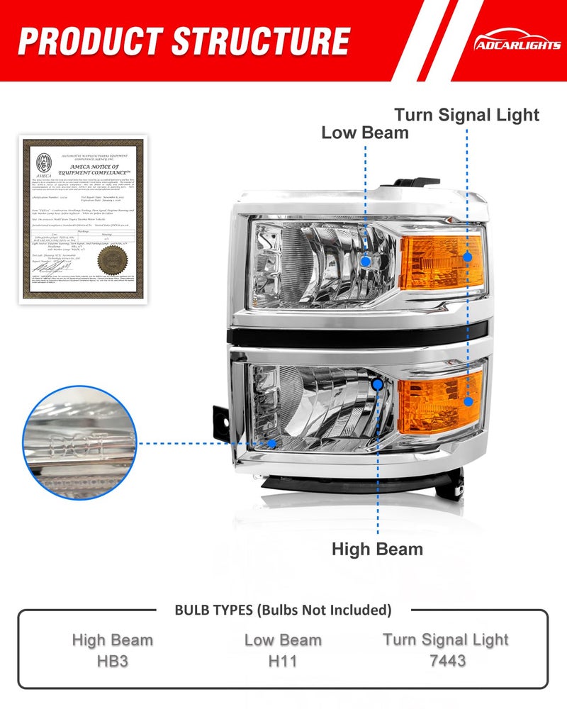 ADCARLIGHTS Headlight Assembly Compatible with Chevy 2014 2015 Silverado 1500 Halogen Factory OE Style Headlamp Amber Chrome Housing with Reflector Driver and Passenger Sides(No bulb included) - Image 5