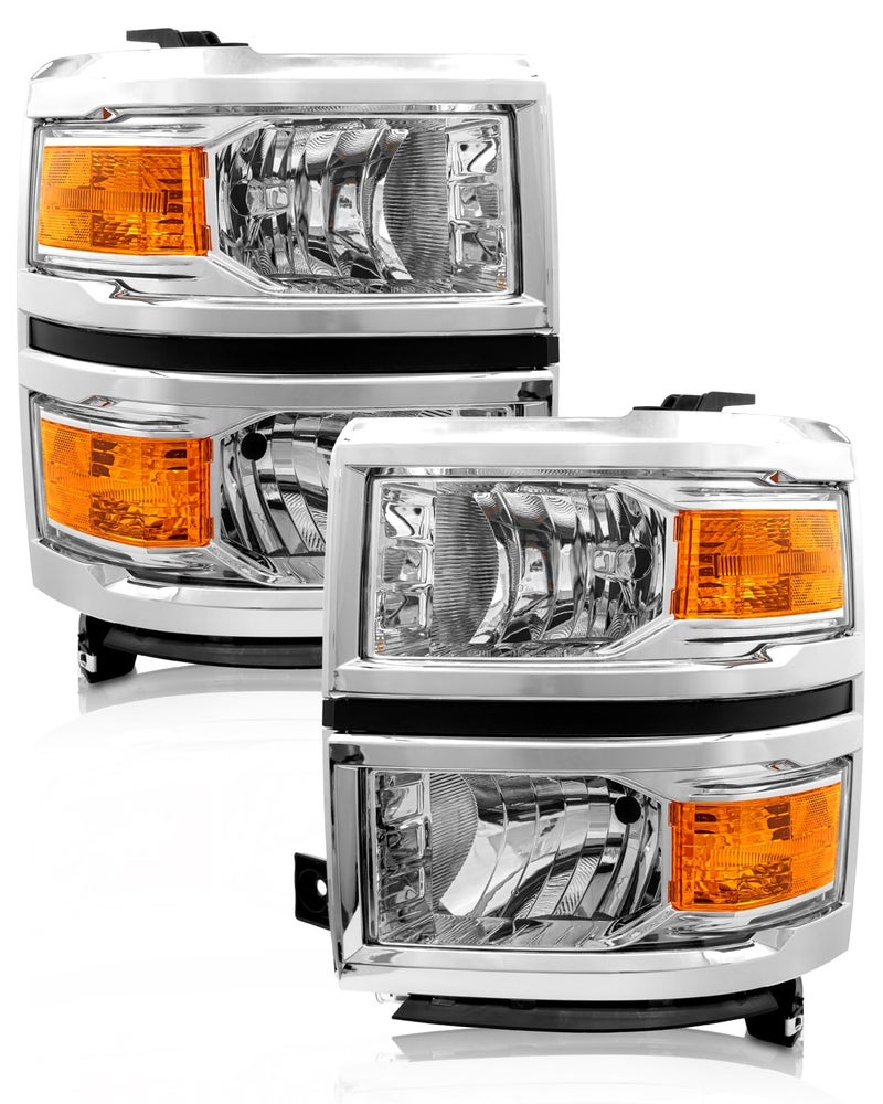 ADCARLIGHTS Headlight Assembly Compatible with Chevy 2014 2015 Silverado 1500 Halogen Factory OE Style Headlamp Amber Chrome Housing with Reflector Driver and Passenger Sides(No bulb included) - Image 1