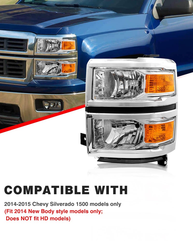 ADCARLIGHTS Headlight Assembly Compatible with Chevy 2014 2015 Silverado 1500 Halogen Factory OE Style Headlamp Amber Chrome Housing with Reflector Driver and Passenger Sides(No bulb included) - Image 3