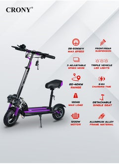 Crony V10 Fast Speed E-Scooter 1200W Motor 48v/12ah,45-68km/Mh 10" Off-Road Wide Tires,Dual Suspension/Hydraulic Disc Brakes E-Bike, Triple Led Headlamps, All-Terrain, Easy Foldable, Portable Commuter Electric Scooter For Adults & Kids, 120kg Load Skateboard, 21kg Aluminum Frame, Urban Mobility tool，Purple  - Image 4