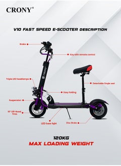 Crony V10 Fast Speed E-Scooter 1200W Motor 48v/12ah,45-68km/Mh 10" Off-Road Wide Tires,Dual Suspension/Hydraulic Disc Brakes E-Bike, Triple Led Headlamps, All-Terrain, Easy Foldable, Portable Commuter Electric Scooter For Adults & Kids, 120kg Load Skateboard, 21kg Aluminum Frame, Urban Mobility tool，Purple  - Image 5