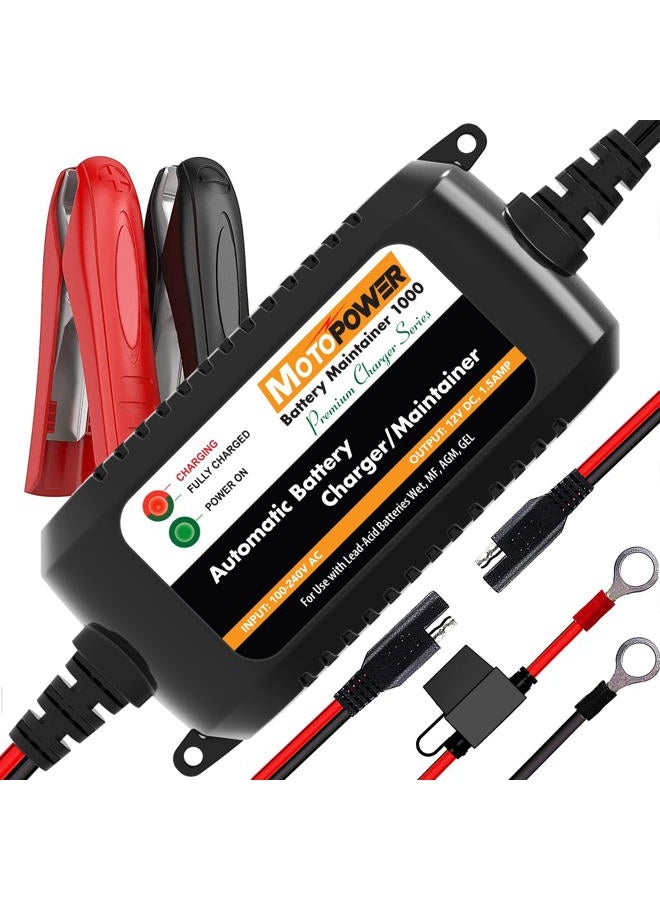 MOTOPOWER MP00206A 12V 1.5Amp Automatic Battery Charger, Battery Maintainer for Cars, Motorcycles, ATVs, RVs, Powersports, Boat and More - Image 1