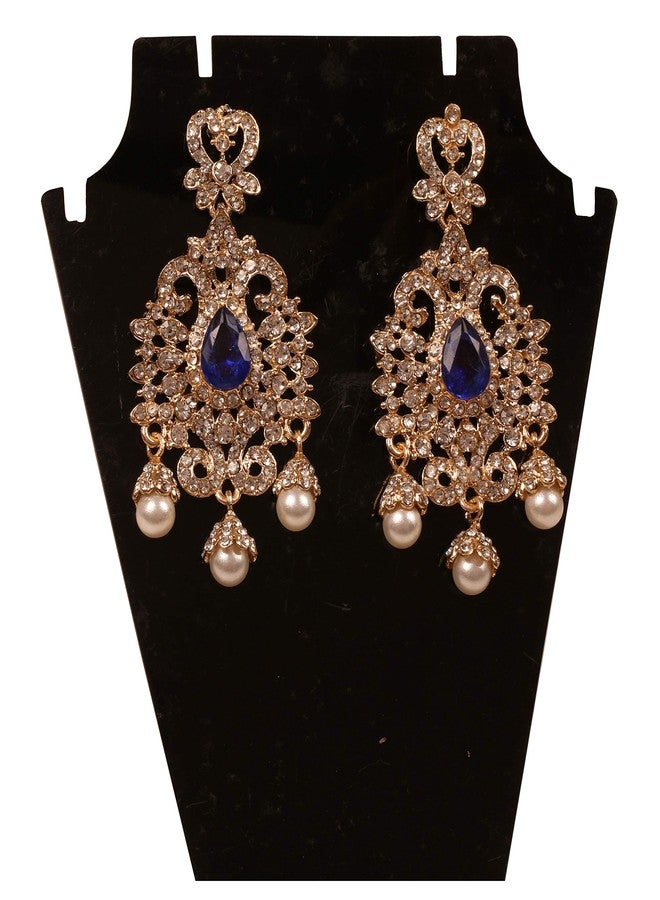 Touchstone NEW! Touchstone Indian Bollywood Royal Filigree Grain Work Rhinestone Faux Blue Sapphire Pearls Style Defining Designer Jewelry Adorable Dangling Earrings In Gold Tone For Women. - Image 5