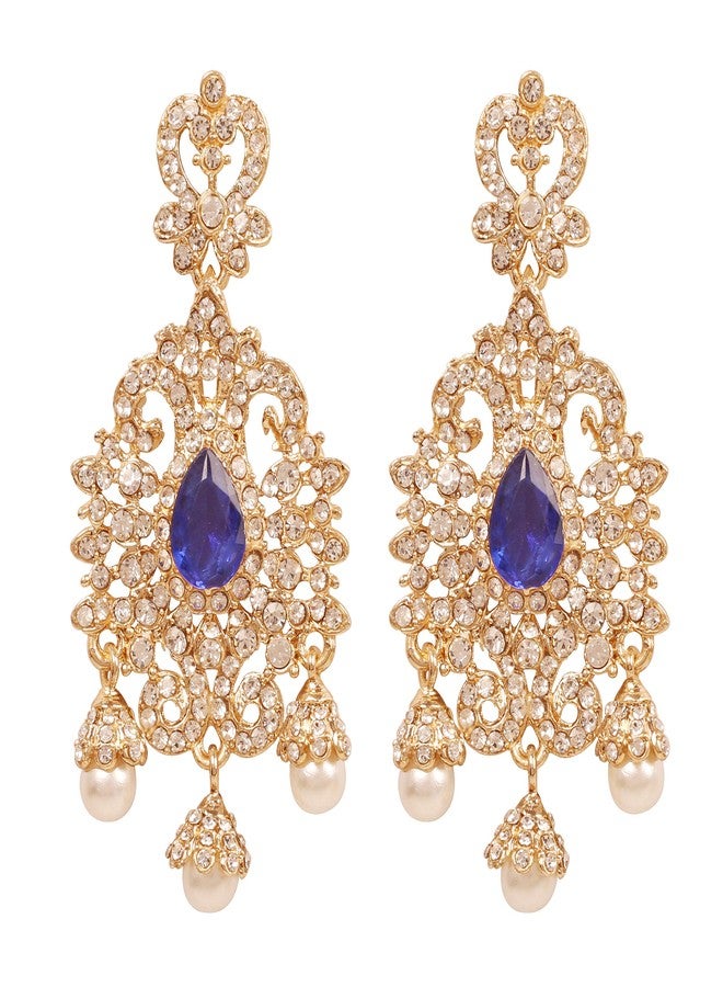 Touchstone NEW! Touchstone Indian Bollywood Royal Filigree Grain Work Rhinestone Faux Blue Sapphire Pearls Style Defining Designer Jewelry Adorable Dangling Earrings In Gold Tone For Women. - Image 1