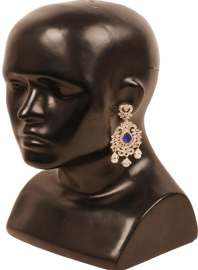 Touchstone NEW! Touchstone Indian Bollywood Royal Filigree Grain Work Rhinestone Faux Blue Sapphire Pearls Style Defining Designer Jewelry Adorable Dangling Earrings In Gold Tone For Women. - Image 3