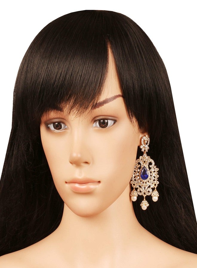Touchstone NEW! Touchstone Indian Bollywood Royal Filigree Grain Work Rhinestone Faux Blue Sapphire Pearls Style Defining Designer Jewelry Adorable Dangling Earrings In Gold Tone For Women. - Image 2