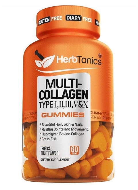 Herbtonics Multi Collagen Type I, II, III, V & X Gummies, 60 Count.