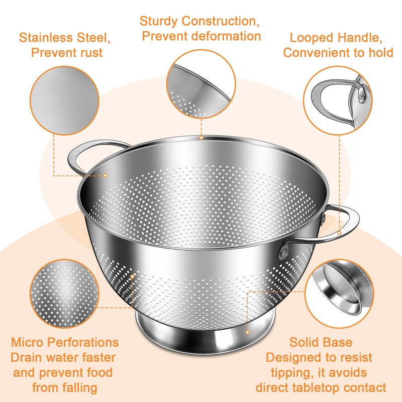 EWFEN Stainless Steel Colander for Kitchen | 5 Quart Durable Rice and Pasta Strainer with Handle | Oversized Handles | Nesting Design | Rust-Resistant & Dishwasher Safe - Image 4