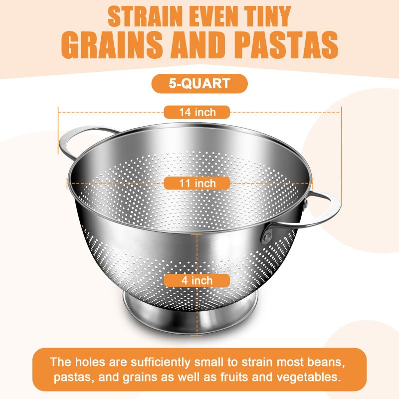 EWFEN Stainless Steel Colander for Kitchen | 5 Quart Durable Rice and Pasta Strainer with Handle | Oversized Handles | Nesting Design | Rust-Resistant & Dishwasher Safe - Image 2