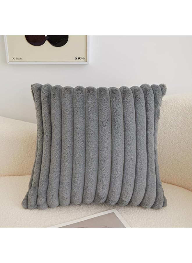 Faux Fur Plush Throw Pillow Covers 18x18Inch Set of 2, Soft Fluffy Striped Decorative Pillow Covers Cushion Cases for Sofa, Couch,Bedroom,Living Room (Grey, 18X18 Inch/45x45cm)